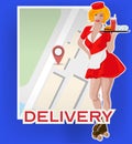 Waitress with plate on roller skates. Red dress. Diner waitress. App map on background. Gps tag. Delivery concept, Vector image