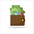 Web.Illustration of a portable purse.Money with a credit card in the wallet.