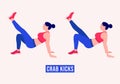 Crab Kicks exercise, Woman workout fitness, aerobic and exercises. Vector Illustration.