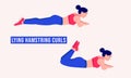 Girl doing Lying Hamstring Curls exercise, Women workout fitness, aerobic and exercises. Vector Illustration