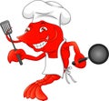 Cute shrimp chef holding saute fork and pan