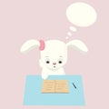 Cute bunny reading, thinking.Sweet baby boy shower card. Hare fashion child vector.
