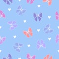 Beautiful seamless pattern made of pink, blue, purple ribbon bows and white hearts on pink background.
