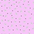 Beautiful seamless pattern made of white ribbon bows and black hearts on pink background.