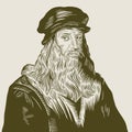 Hand drawn vector portrait. Leonardo Da Vinci. Royalty Free Stock Photo