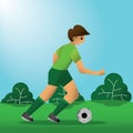 Illustration vector graphic of boy playing soccer at daytime.