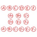 Set icon. Grade result A,B,C,D, F plus, minus. Hand drawn vector sing in red circle. Test exam mark report. Symbols of exclamation