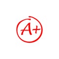 Set icon. Grade result A plus, minus. Hand drawn vector sing in red circle. Test exam mark report. Symbols of exclamation