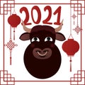 Chinese new year 2021 greeting card, ox symbol, concept for decor element