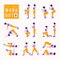 Full Body Workout Set. Women doing fitness and yoga exercises. Lunges, Pushups, Squats, Dumbbell rows, Burpees, Side planks, Situp