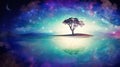 Meditation tree under stars, water mirror, tree of knowledge, cosmos, universe sky
