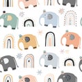 Scandinavian baby seamless pattern with cute elephants and rainbows, pastel color