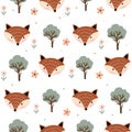 Childish seamless pattern with foxes and trees, trendy design