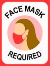 Face mask required poster. Young woman wearing face mask.