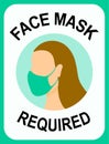 Face mask required poster. Young woman wearing face mask.