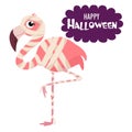 Happy Halloween. Cartoon flamingo in a mummy costume. Funny vector illustration. Can be used as an element for cards, banners, pos