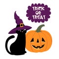 Happy Halloween. Vector cartoon illustration with a black cat and pumpkin. Element for card, poster, banner, logo and other use. Royalty Free Stock Photo