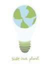 Illustration of an electric light bulb in the form of the planet Earth inside, ``Save our planet`` inscription, green ecology conc Royalty Free Stock Photo