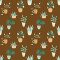 Seamlss pattern with potted flowers, vector illustration on brown background