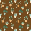 Seamlss pattern with potted flowers, vector illustration on brown background Royalty Free Stock Photo