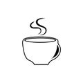 The mug icon is black and white. Cup sign with steam. Symbol of coffee shop and teahouse. Flat vector graphics.