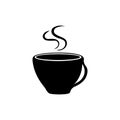 The mug icon is black. Cup sign with steam. Symbol of coffee shop and teahouse. Flat vector graphics. Royalty Free Stock Photo