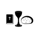Icons of the Christian Church Bible, chalice, cross and bread. Signs of the body and blood of Jesus Christ. Symbols of the Lord`s
