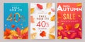 Autumn sale banner, poster or flyer set. Vector illustration with frame of bright beautiful leaves on white, blue and red backgrou