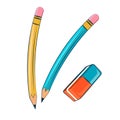 School supplies set. Pencils and eraser, rubber. Flat vector illustration. Isolated on white