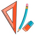 School supplies set. Pencils, rullers and eraser, rubber. Flat vector illustration. Isolated