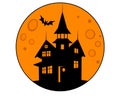 Halloween mansion with bats on the background of the orange moon - vector round illustration. Illustration for the holiday Hallowe Royalty Free Stock Photo