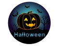 Halloween pumpkin against the background of the night sky with bats and bushes and the inscription Halloween - full color vector r Royalty Free Stock Photo