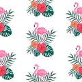Beautiful seamless vector tropical pattern with Hibiscus flower, flamingo bird, palm leaves and monstera leaves on white backgroun Royalty Free Stock Photo