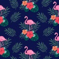 Beautiful seamless vector tropical pattern with Hibiscus flower, flamingo bird, palm leaves and monstera leaves on white backgroun Royalty Free Stock Photo