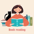 Cute cartoon vector illustration of a girl reading a book and a cute black cat. Illustration concept for learning, distance learni Royalty Free Stock Photo