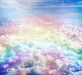 Rainbow on sky over clouds close up, dreams, wishes Royalty Free Stock Photo