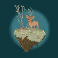 Cartoon deer in a fairy forest scene. Colorful bambi vector illustration template