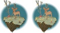 Cartoon deer in a fairy forest scene set. Colorful bambi vector illustration template with outlines