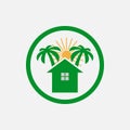 House home stay with beautiful sunrise vector logo design. Green home icon with sun. Royalty Free Stock Photo