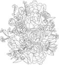 Realistic mix flowers bouquet with roses, peony and small berries and flowers sketch. Vector illustration in black and white Royalty Free Stock Photo