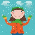 A smiling girl looks up as the first snow falls Royalty Free Stock Photo