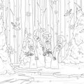 Cartoon snowmans in a fairy forest scene. Winter vector illustration template in black and white Royalty Free Stock Photo