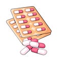 Pills isolated flat vector illustration. Pill in Blister Pack. Drugs, medical pills on white background. Pharmaceutical symbols