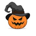 Halloween pumpkin in a hat with scary face on white background. Vector cartoon Illustration. Halloween pumpkin isolated. Royalty Free Stock Photo