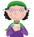 Woman in a hat and scarf holding cups of hot chocolate