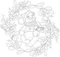 Cartoon Christmas New Year berry wreath teddy bear inside template. Vector illustration in black and white Royalty Free Stock Photo