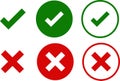 Green check and red cross symbols, round thin line vector signs