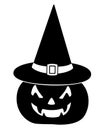 Pumpkin in a hat - black vector silhouette for pictogram or logo. Halloween pumpkin with carved face and witch hat sign or icon.