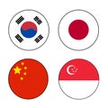 Major Asian Country Flag Button rounded on isolated white for Asia push button concepts Singapore, China, Japan, and Korea