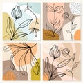 Abstract line art backgrounds, posters wall art set with flowers and plants